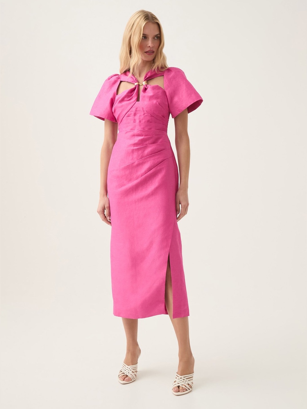 Aje Hot Pink Cutout Midi Dress with Puff Sleeves